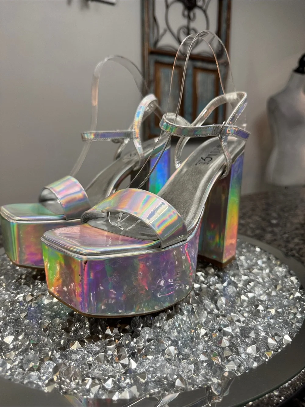 Rouge! Holographic Silver Platform Go-Go Sandals NWOT